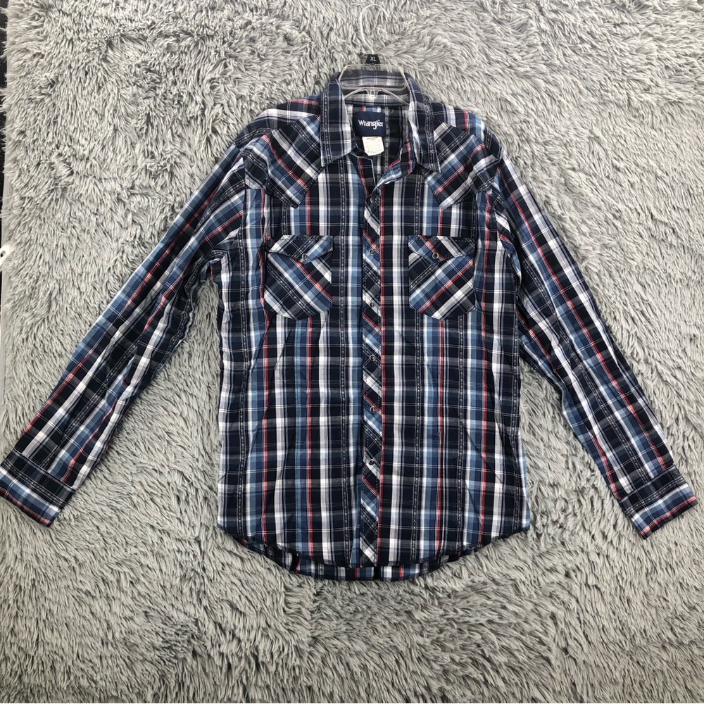 Wrangler Shirt Mens Large Black Blue Pearl Snap Western Long Sleeve Plaid